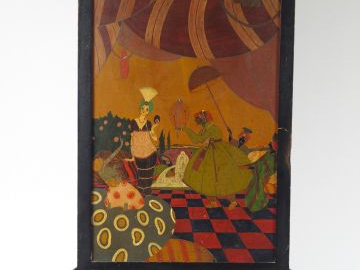 Ecran de chaleur Art déco en bois peint polychrome à décor d'élégante 