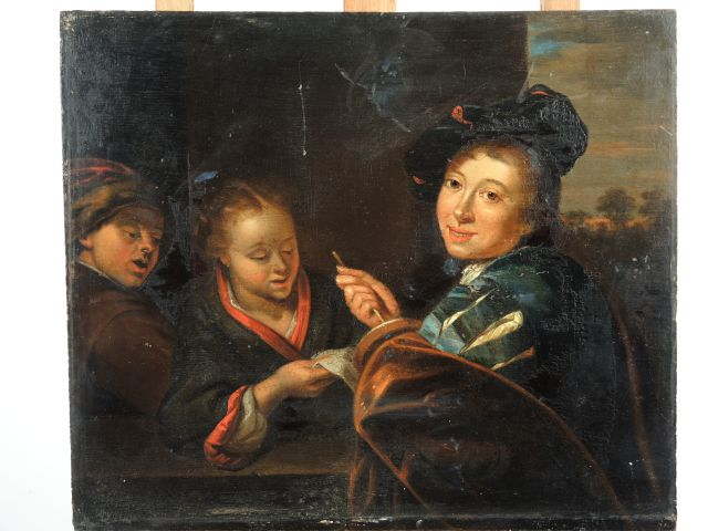 Ecole du Nord XIXème 'Le billet'. Huile sur panneau. 32 x 37,5 cm