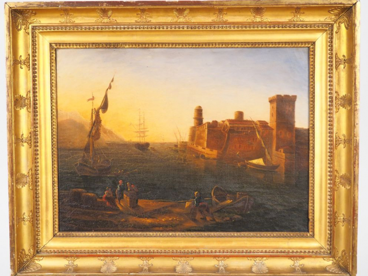 Ecole française début XIXe	  'Entrée de port'. Huile sur toile, cadre 