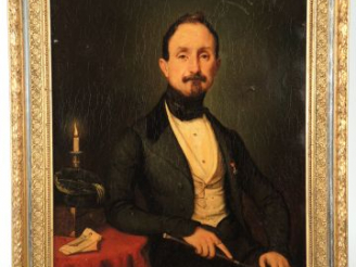 Vente aux enchères SZWEDKOWSKI 'Portrait d'homme à la cravache'. Huile sur toile dédicacé
