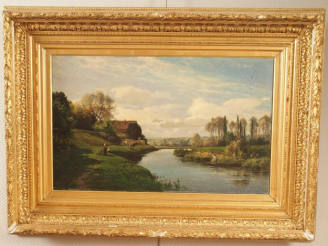 Vente aux enchères Eugène BERTHELON. 'Paysage lacustre animé'. Huile sur toile, signée en
