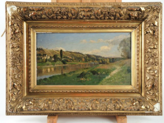 Vente aux enchères 	BURICHE	 'Paysage à la rivière'. Huile sur panneau, 	signée en bas à 