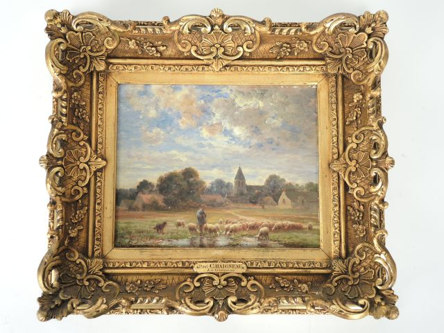 Paul CHAIGNEAU "Berger et son troupeau devant le hameau". Huile sur pa