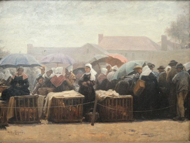 	Eugène FEYEN ‘Scène de marché en Bretagne’ Huile sur panneau d’acajou