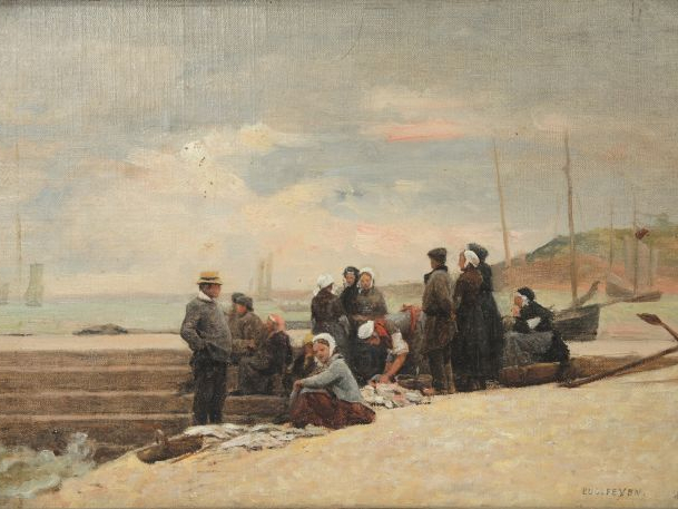 	Eugène FEYEN 'Retour de pêche’ 	Huile sur carton, signée en bas à dro