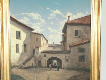 GODCHAUX "cour de ferme animée". Huile sur toile signée en bas à droit
