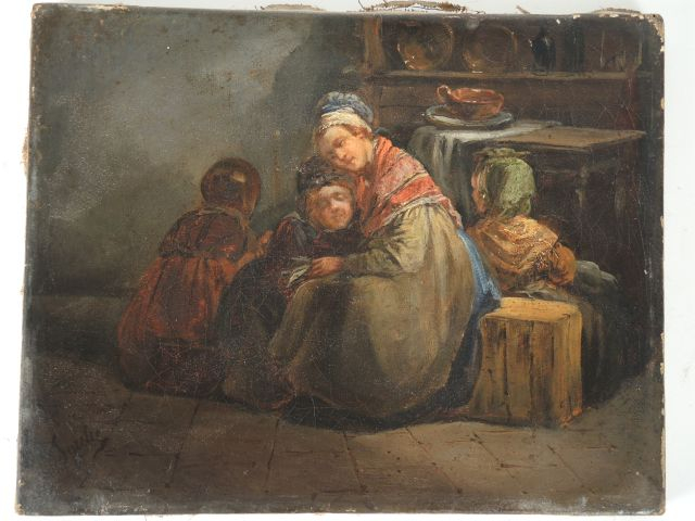 	Léon SOULIE ‘Domestique et ses enfants’ Huile sur toile signée en bas