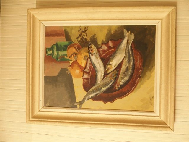 L.P. CADENE. ' Nature morte au poissons'. Huile sur panneau signée en 
