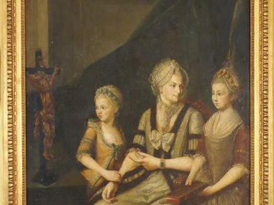 Ecole allemande XVIIIe, " Jeune mère et ses deux filles ". Huile sur t