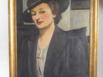 Ecole française XX ème 'Portrait d'élégante au chapeau'. Huile sur toi