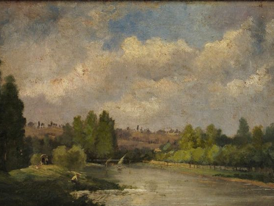 	Ecole française XIXème 	"Paysage fluvial animé’". Huile sur toile. Di