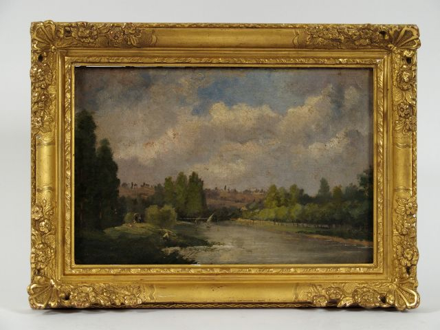 	Ecole française XIXème 	"Paysage fluvial animé’". Huile sur toile. Di