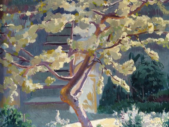Ecole française 1930 	"Arbre en fleurs". 	Huile sur toile. Dim. : 	52 