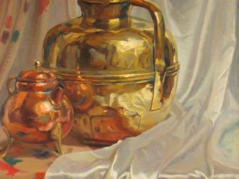A. BONO DUGELAY 	"Nature morte aux cuivres" 	Huile sur toile, signée e