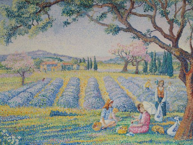 Yvonne CANU "La cueillette des lavandes". Huile sur toile, signée en b
