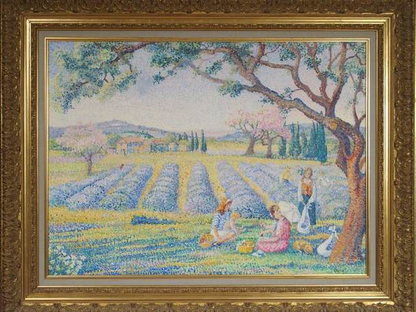 Yvonne CANU "La cueillette des lavandes". Huile sur toile, signée en b