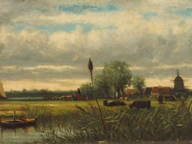 A. HERST. "Paysage lacustre". Huile sur panneau, signée en bas à gauch
