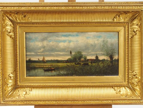 A. HERST. "Paysage lacustre". Huile sur panneau, signée en bas à gauch
