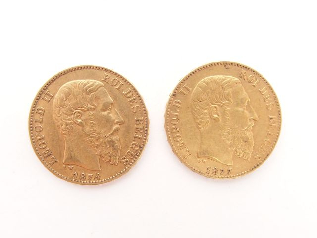 2 pièces de 20 Francs or, Leopold II, 1874 et 1877. Poids: 12,8gr