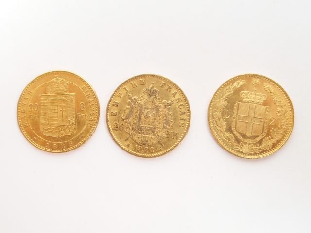 3 pièces or: 20 Francs Napoléon III tête laurée 1866-B, 20 Lires Umber