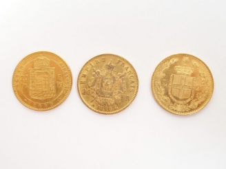 Vente aux enchères 3 pièces or: 20 Francs Napoléon III tête laurée 1866-B, 20 Lires Umber