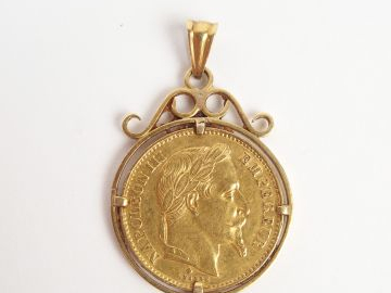 Pièce de 20 Francs or, Napoléon III tête laurée, 1869-B. Montée en pen