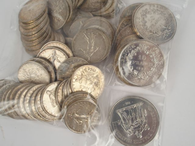 Pièce de 50 Francs argent, Hercule 1974. Poids: 30gr 58 pièces de 5 Fr