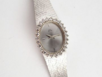 Vente aux enchères ZAL. Montre de dame en or blanc, maille semi-rigide, entourage de 26 b