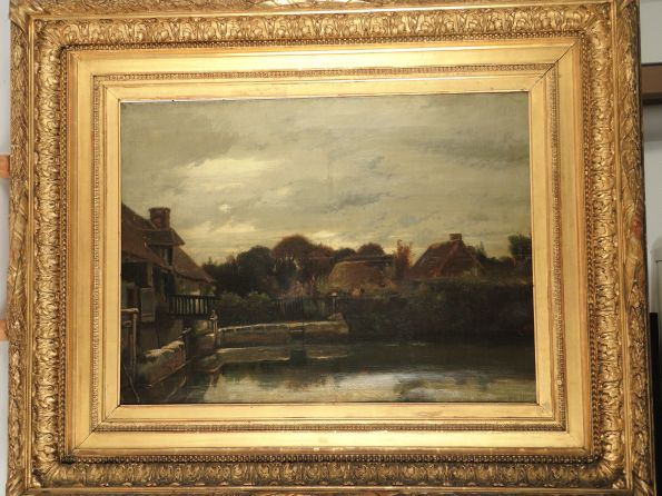 Ecole française XIXe, " L'écluse ". Huile sur toile, dans un cadre en 