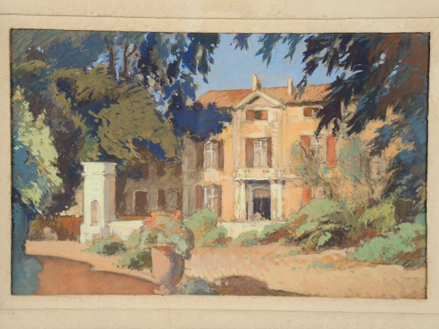 Ecole française Xxe, " Vue de propriété du Midi ". Gouache.  35 x 55cm