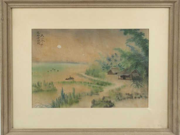 Ecole asiatique Xxe, " Paysage animé ". Peinture sur soie, signé en ha