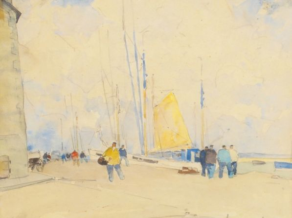 Henry Maurice CAHOURS, " Les quais de Douarnenez ". Aquarelle, signée 