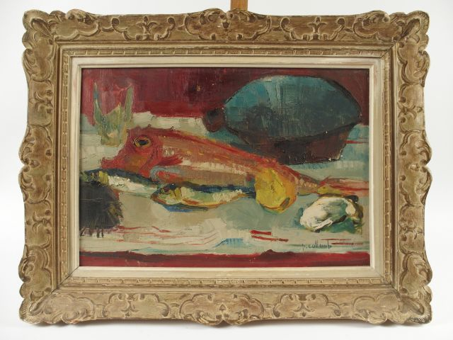 P. COLOMB, " Nature morte au poisson ". Huile sur toile, signée en bas