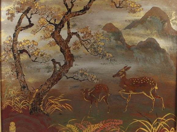 DINH-MINH, " Daims sous un cerisier ". Laque, signée en bas à gauche e