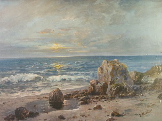 E. MOELLER, " Paysage de bord de mer ". Gouache, signée en bas à droit