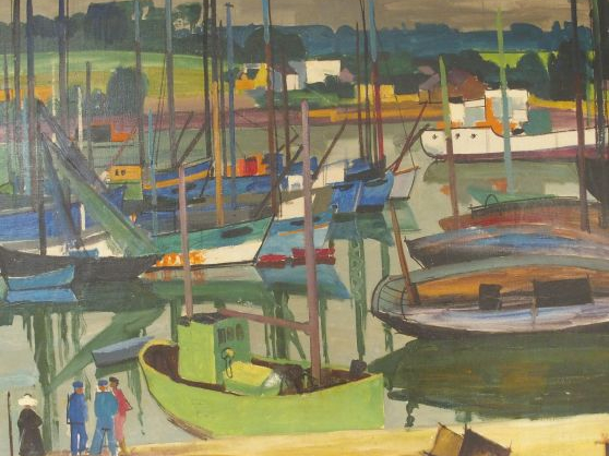 Jean MONNERET, " Le port de pêche ". Huile sur toile, signée en bas à 