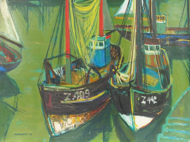 Jean MONNERET, " Bâteaux de pêche ". Huile sur toile, signée en bas à 
