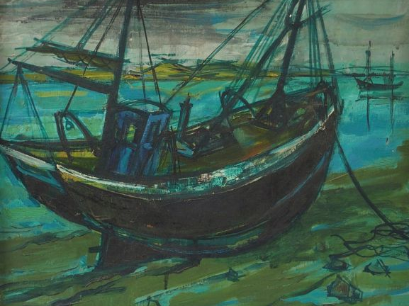 Jean MONNERET, " Bâteaux à marée basse ". Huile sur toile, signée en b