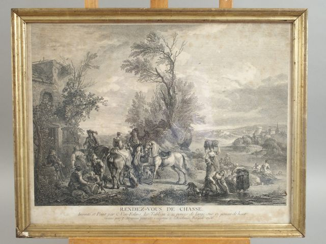 Paire de gravures en noir "Rendez-vous de chasse" et "Alte de chasseur