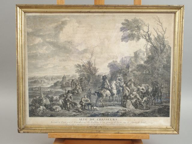 Paire de gravures en noir "Rendez-vous de chasse" et "Alte de chasseur