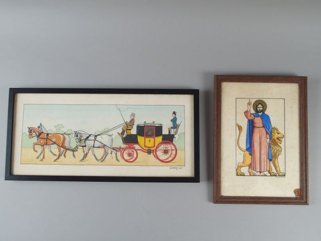 Aquarelle au pochoir "Le coach". Signée Lorenzo et datée 1920. On y jo