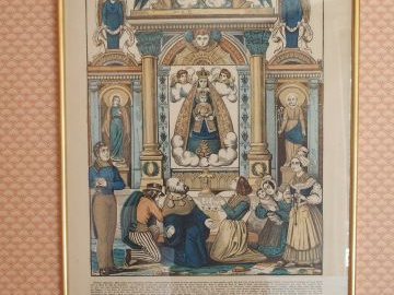 Encadrement "Vente de charité", gravure en couleurs "Le modèle honnête