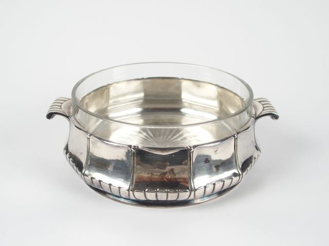 GALLIA. Compotier Art Déco en métal argenté, verrine intérieure en cri