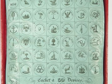 Dans son écrin, cachet en ivoire et ses 50 cachets à devises. Maison B