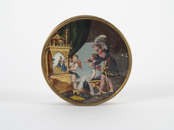 Boite ronde Restauration en carton maché et fixé sous verre de style t