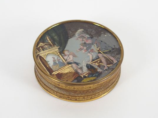 Boite ronde Restauration en carton maché et fixé sous verre de style t