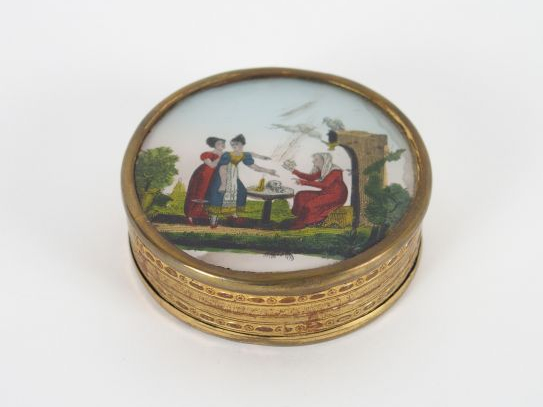 Boite Restauration en carton maché, couvercle orné d'une gravure polyc