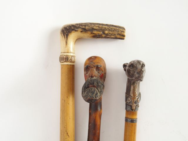 Trois différentes cannes : un pommeau en bronze argenté en forme de ch