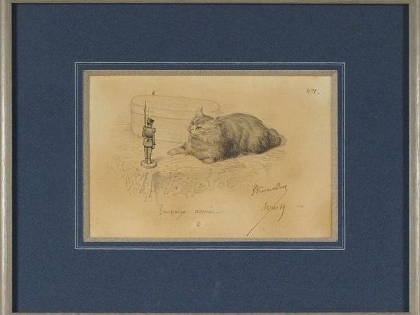 Ecole française 1900 'Chats jouant avec des soldats de plomb'. Dessins