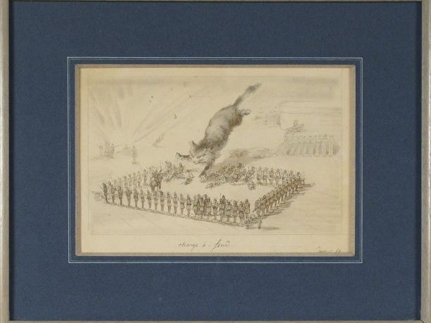 Ecole française 1900 'Chats jouant avec des soldats de plomb'. Dessins